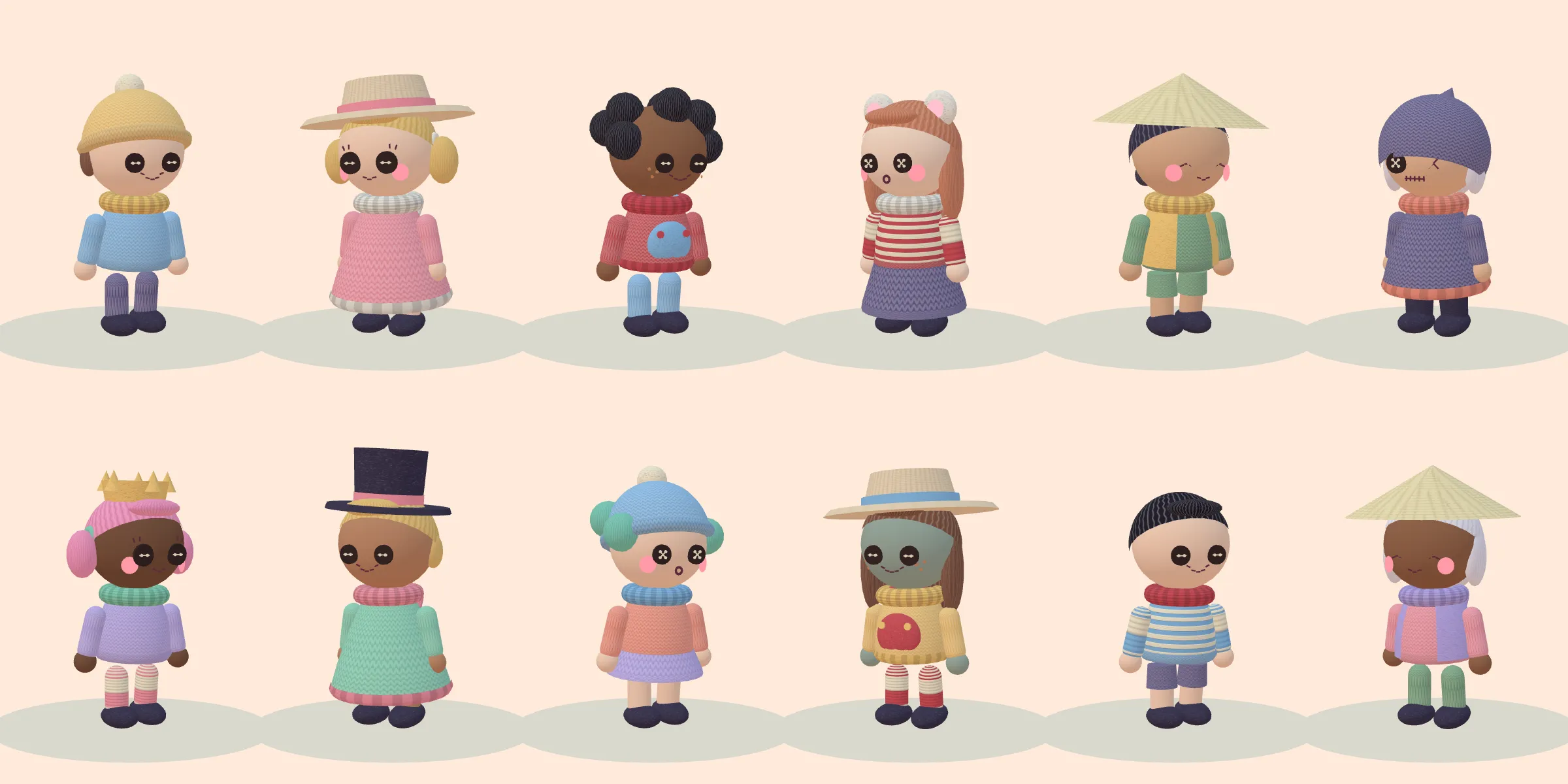 Twelve knitted characters with button eyes, each with a different hat and outfit.