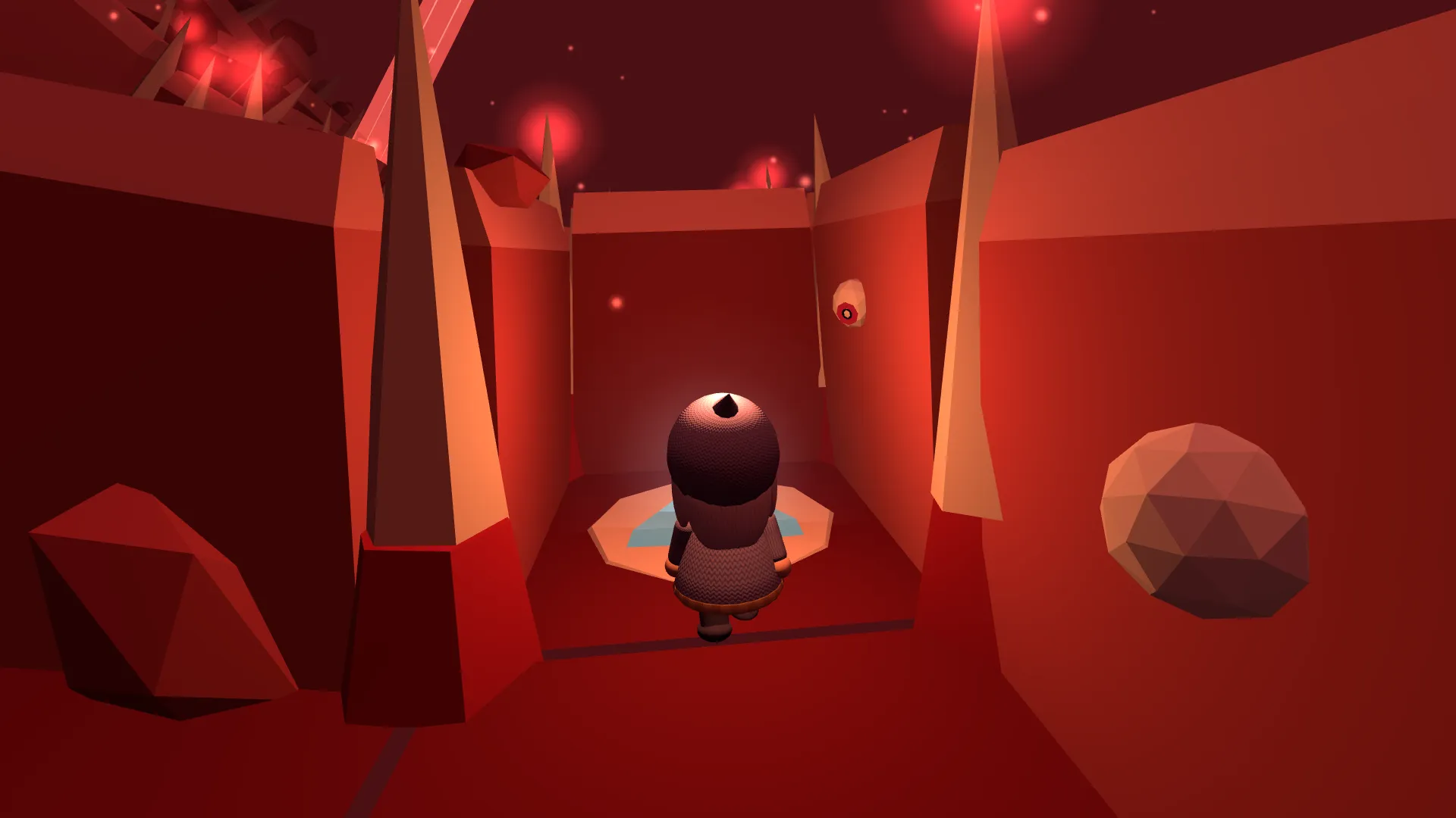 A deep red corridor lined with spikes, watched by floating eyes.